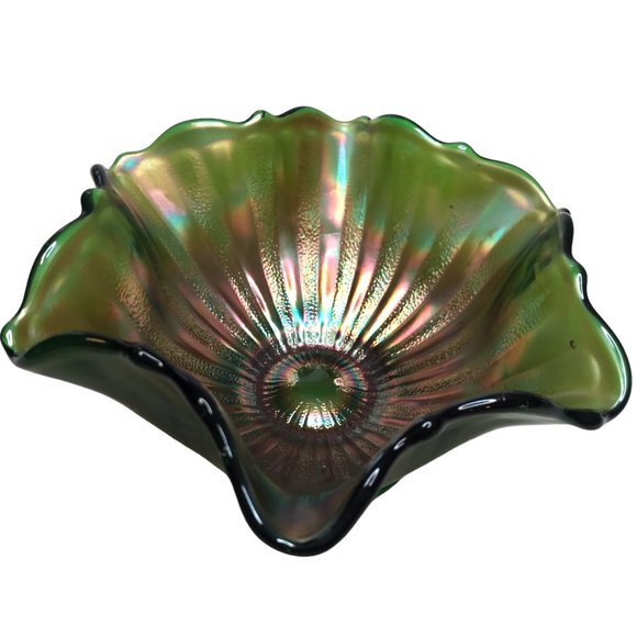 Fenton Carnival Glass - Green Bowl Small Glass Iridescent 5